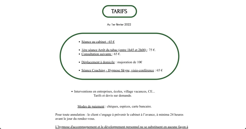Page tarifs sur le site avant refonte