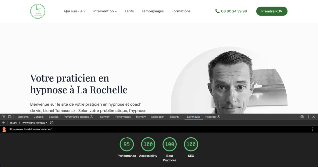 Page d'accueil du site après la refonte (score de performance : 95)