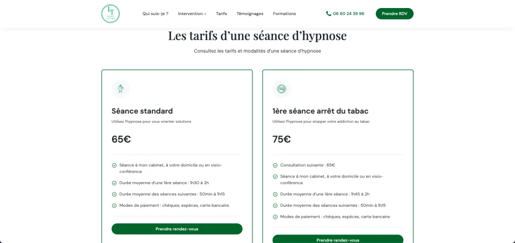 Page tarifs du site après refonte